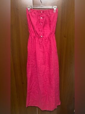 Bright Pink Strapless Sleeveless Maxi Linen Summer Dress ruffled detail Small